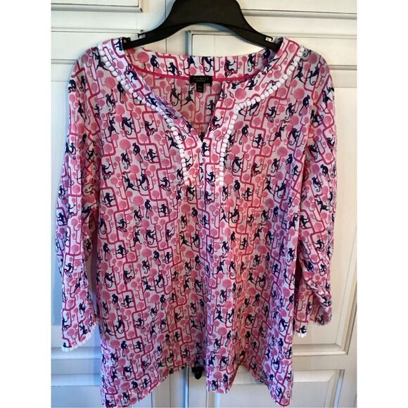 Talbots Monkey Print Tunic Top Sz 2X Pink White Embroidered - Picture 3 of 10